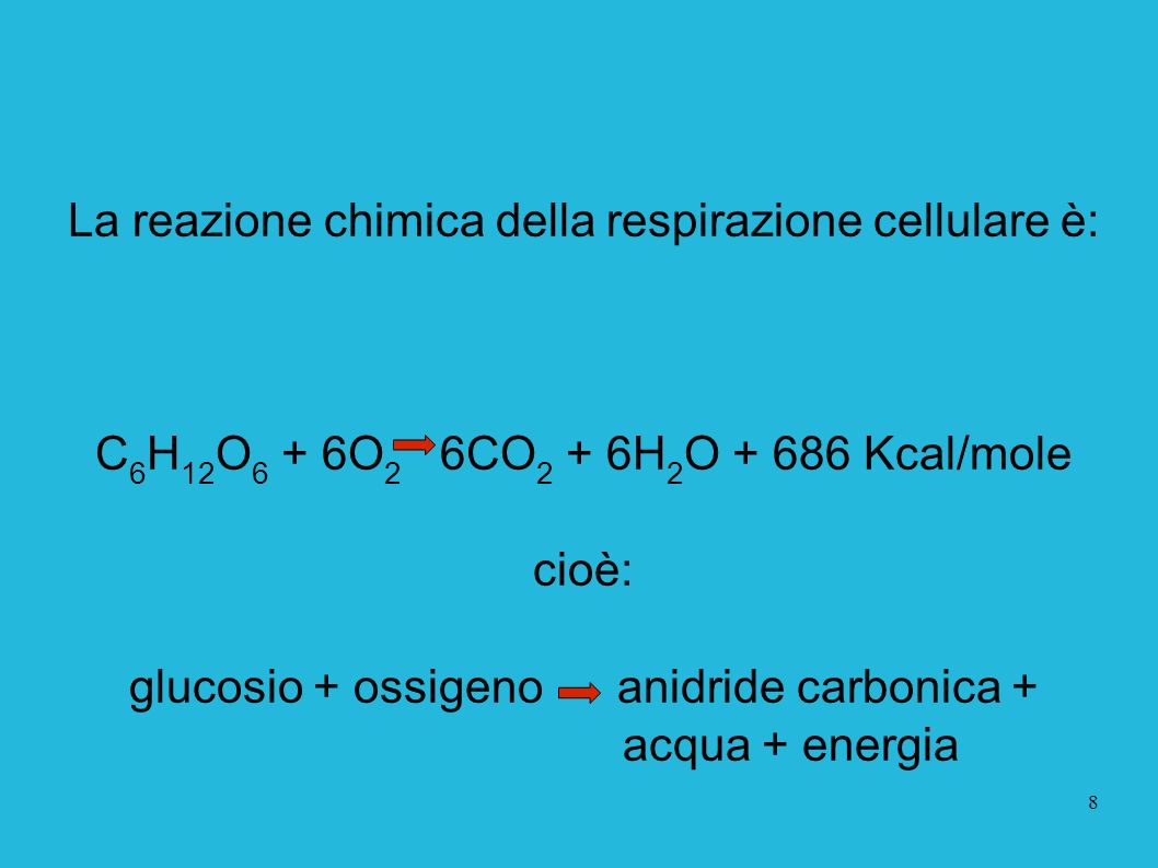 La reazione chimica della respirazione cellulare è: