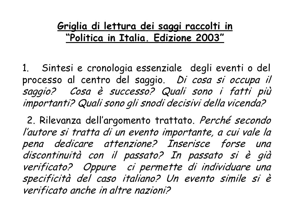 Griglia di lettura dei saggi raccolti in Politica in Italia