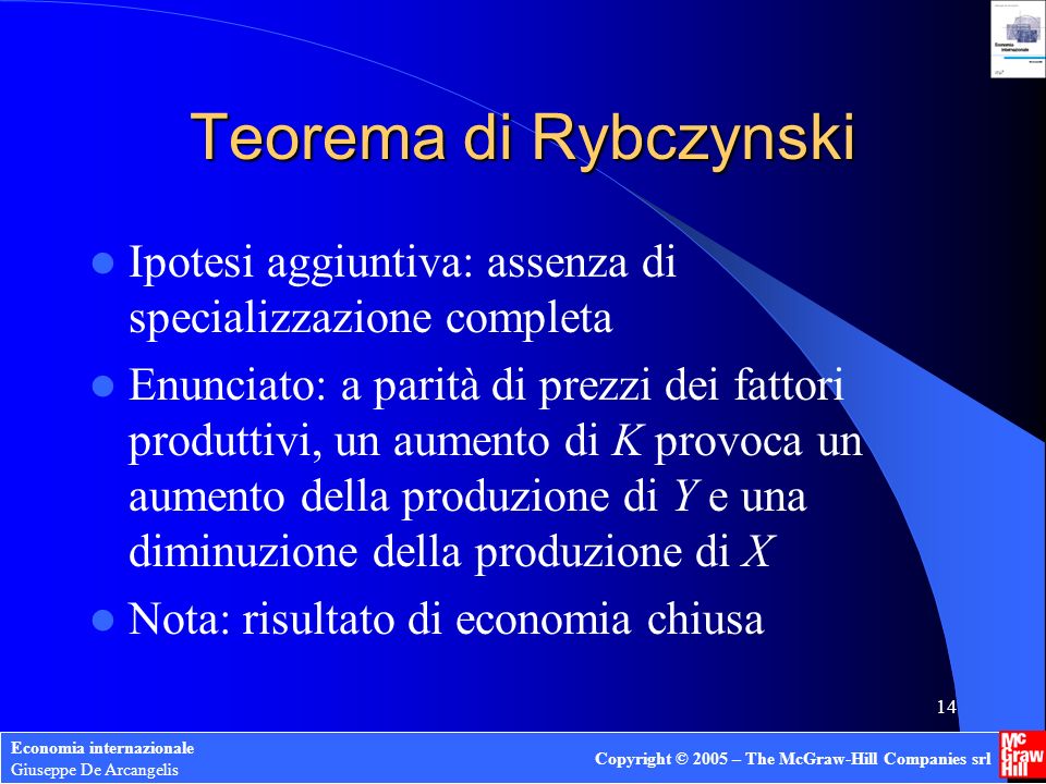 Teorema di Rybczynski Ipotesi aggiuntiva: assenza di specializzazione completa.