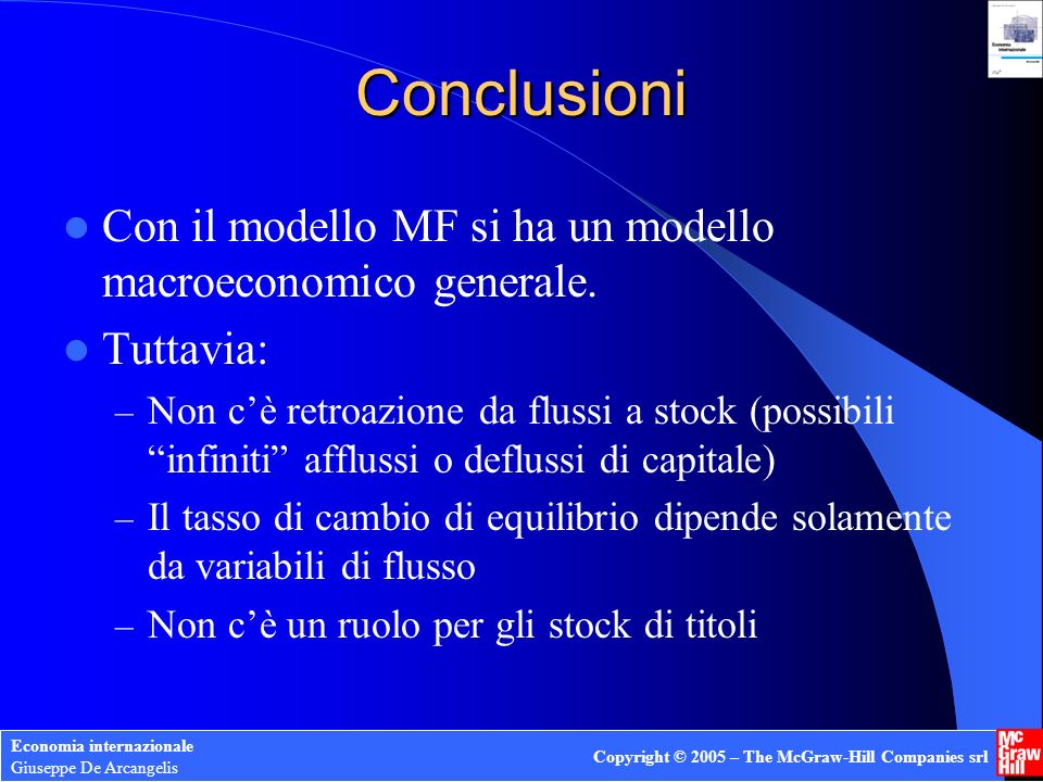 Conclusioni Con il modello MF si ha un modello macroeconomico generale. Tuttavia:
