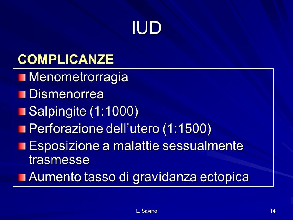 IUD COMPLICANZE Menometrorragia Dismenorrea Salpingite (1:1000)