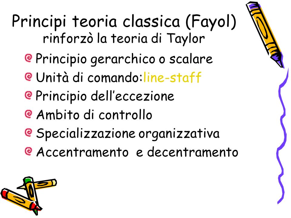 Principi teoria classica (Fayol) rinforzò la teoria di Taylor
