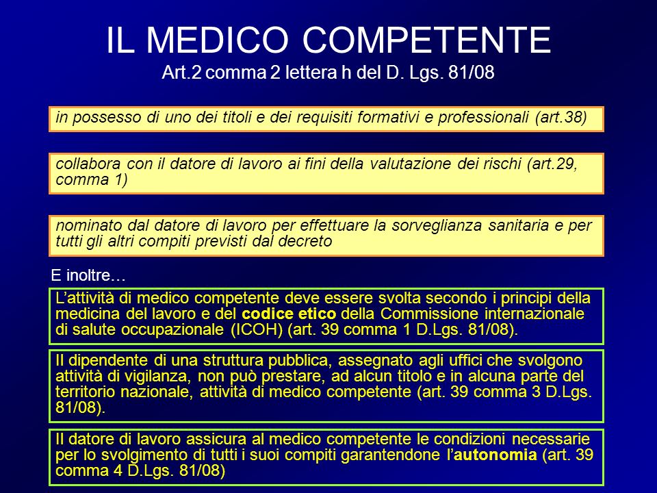 IL MEDICO COMPETENTE Art.2 comma 2 lettera h del D. Lgs. 81/08