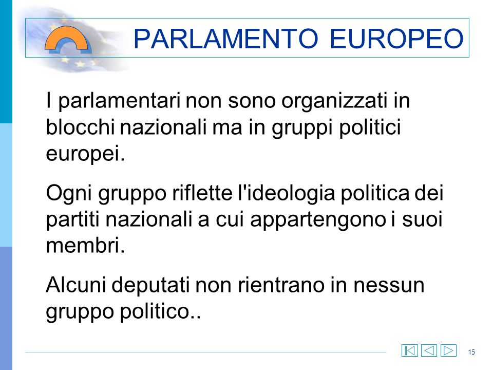 PARLAMENTO EUROPEO I parlamentari non sono organizzati in blocchi nazionali ma in gruppi politici europei.