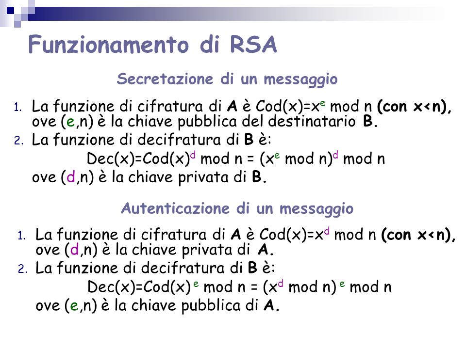 Funzionamento di RSA Secretazione di un messaggio