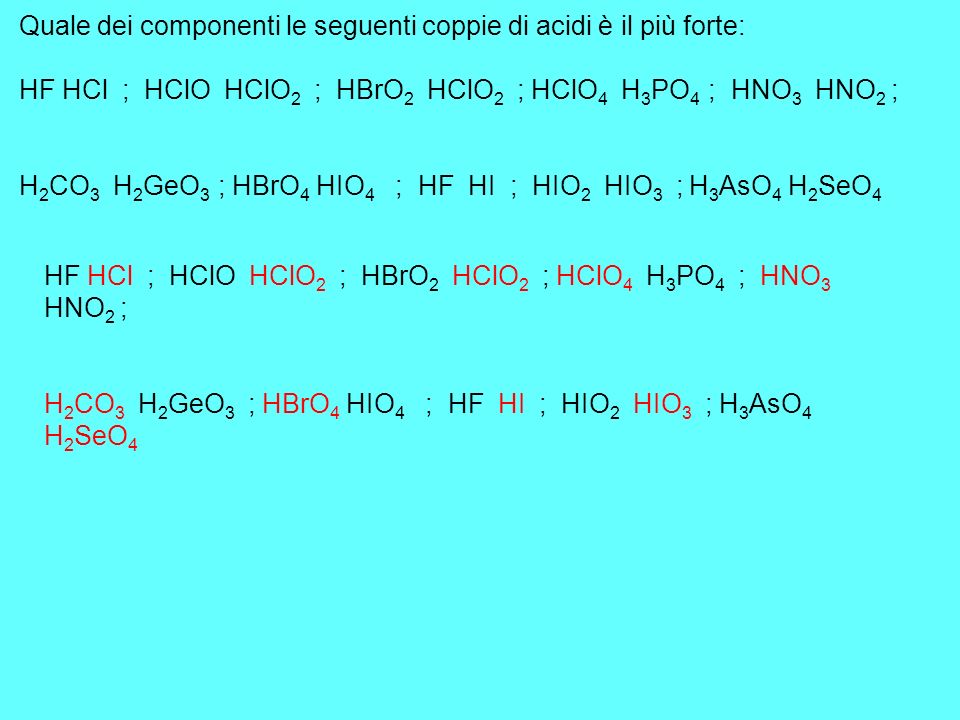 Quale dei componenti le seguenti coppie di acidi è il più forte: