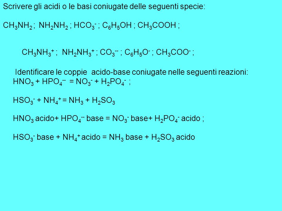 Scrivere gli acidi o le basi coniugate delle seguenti specie: