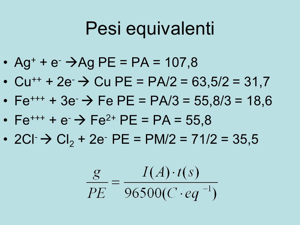 Pesi equivalenti Ag+ + e- Ag PE = PA = 107,8