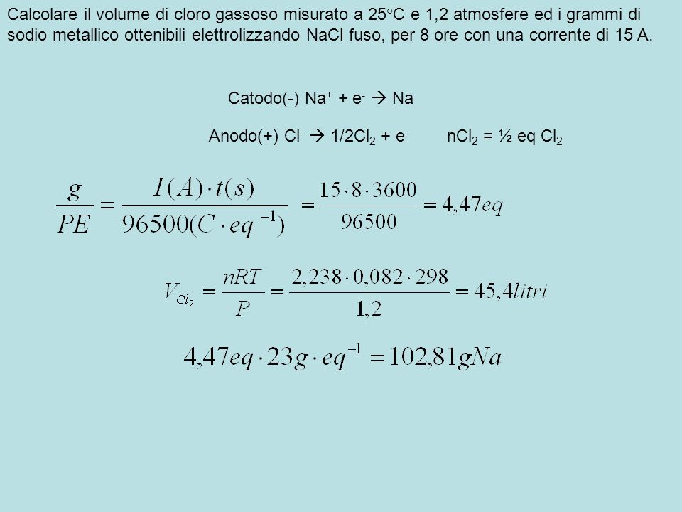 Calcolare il volume di cloro gassoso misurato a 25°C e 1,2 atmosfere ed i grammi di