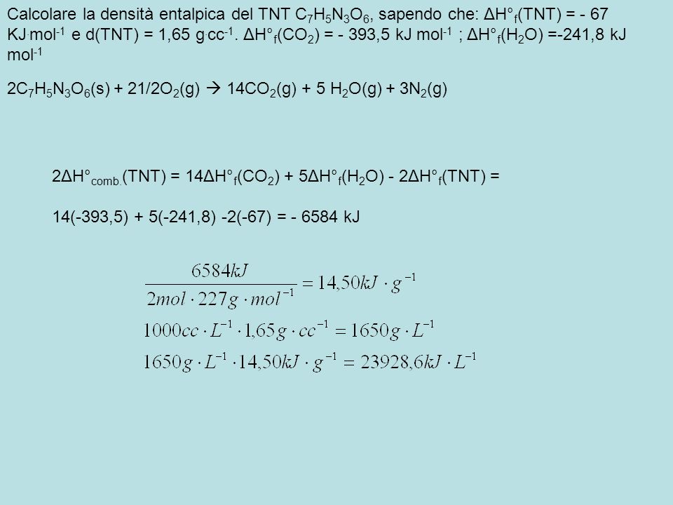 Calcolare la densità entalpica del TNT C7H5N3O6, sapendo che: ΔH°f(TNT) = - 67 KJ.mol-1 e d(TNT) = 1,65 g.cc-1. ΔH°f(CO2) = - 393,5 kJ mol-1 ; ΔH°f(H2O) =-241,8 kJ mol-1