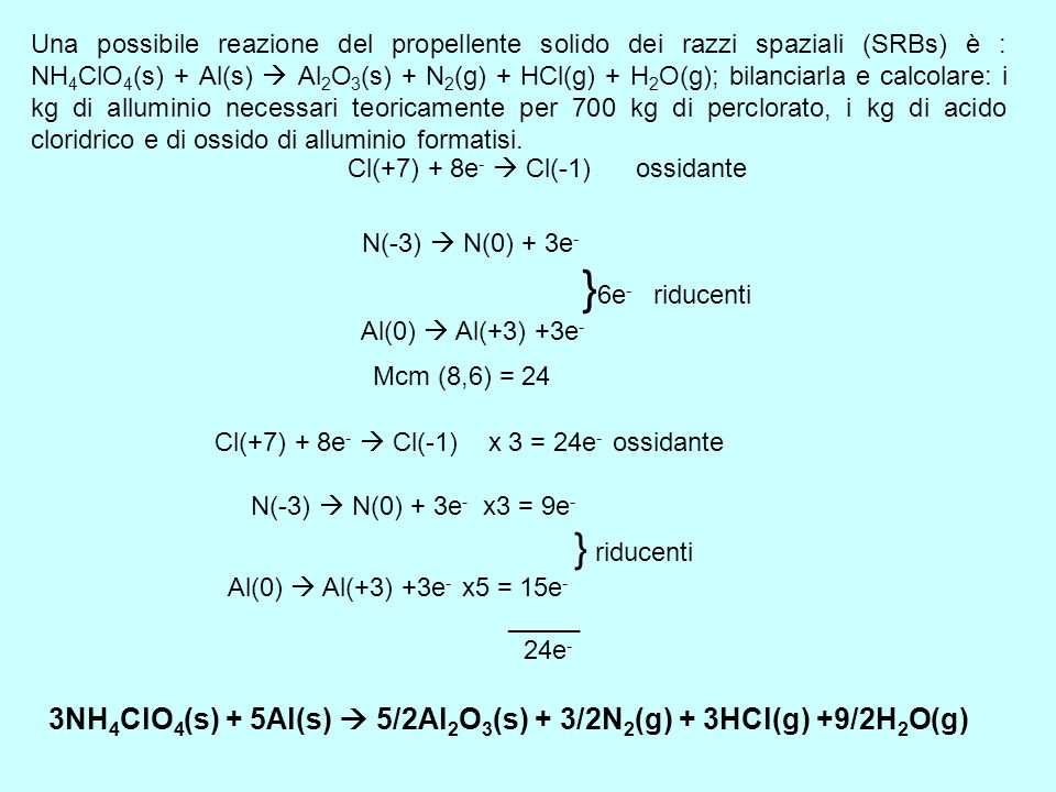 3NH4ClO4(s) + 5Al(s)  5/2Al2O3(s) + 3/2N2(g) + 3HCl(g) +9/2H2O(g)