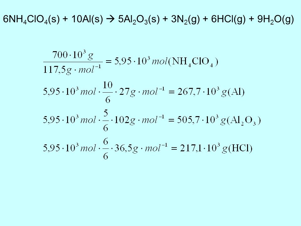 6NH4ClO4(s) + 10Al(s)  5Al2O3(s) + 3N2(g) + 6HCl(g) + 9H2O(g)
