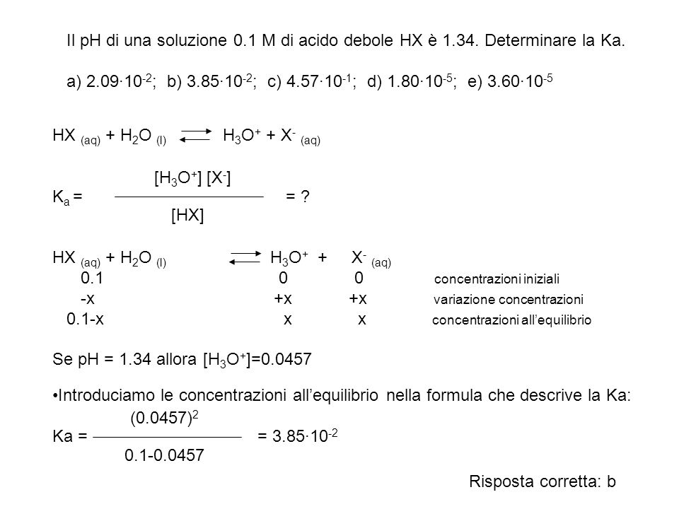 Il pH di una soluzione 0. 1 M di acido debole HX è 1. 34