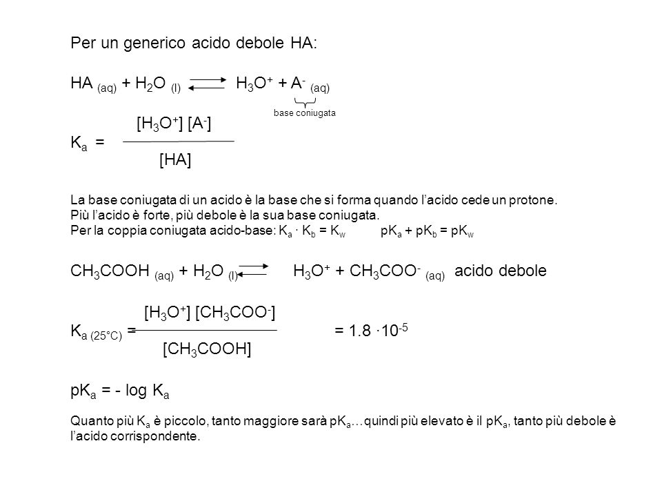 Per un generico acido debole HA: HA (aq) + H2O (l) H3O+ + A- (aq)