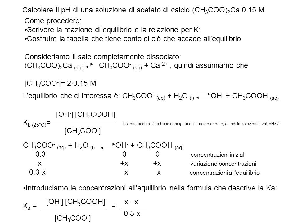 Calcolare il pH di una soluzione di acetato di calcio (CH3COO)2Ca 0