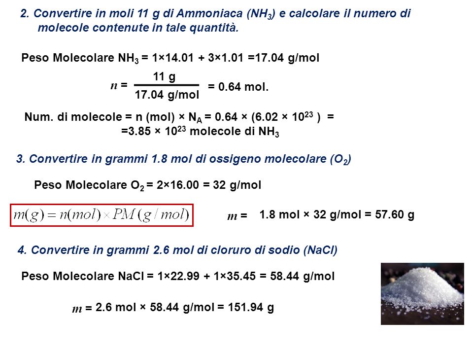 2. Convertire in moli 11 g di Ammoniaca (NH3) e calcolare il numero di molecole contenute in tale quantità.