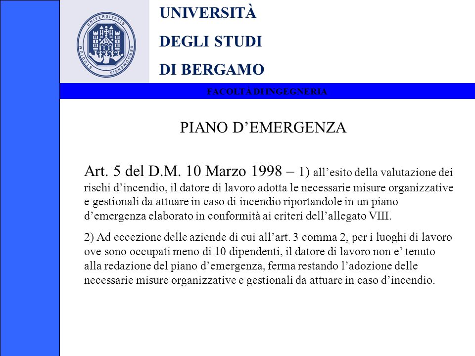 UNIVERSITÀ DEGLI STUDI DI BERGAMO PIANO D’EMERGENZA