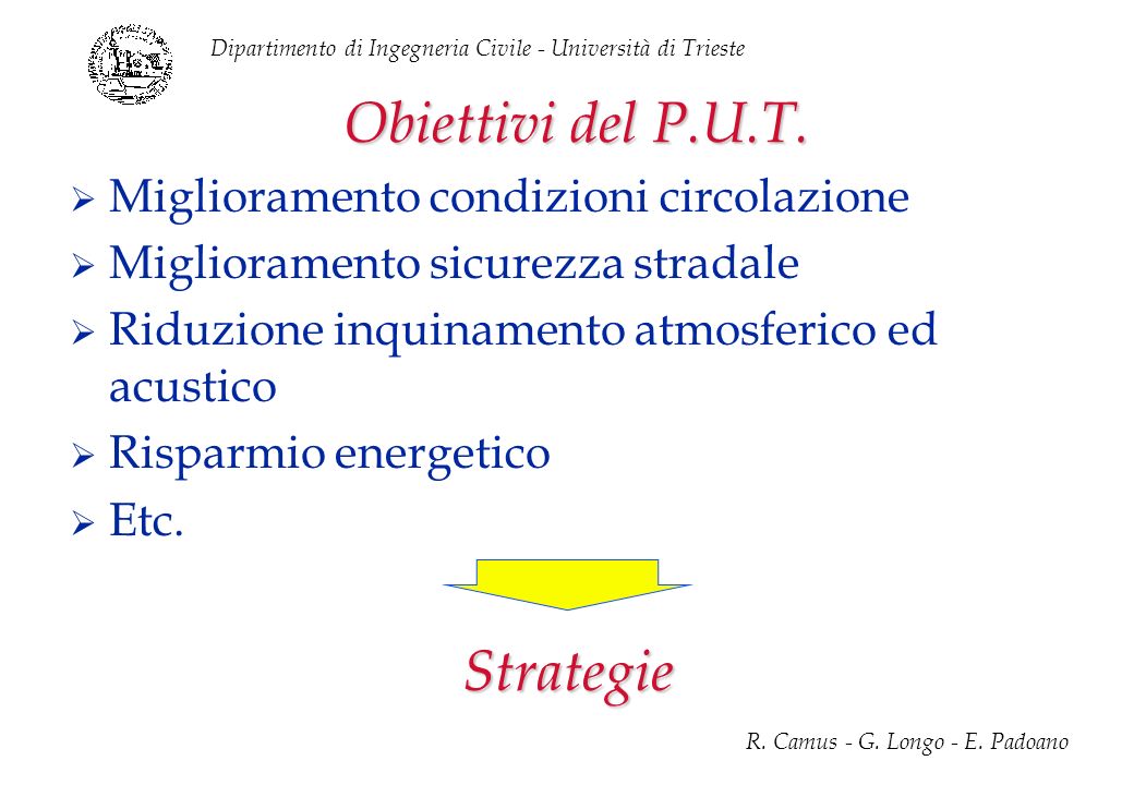 Obiettivi del P.U.T. Strategie Miglioramento condizioni circolazione