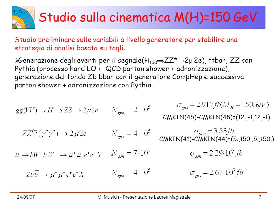 Studio sulla cinematica M(H)=150 GeV