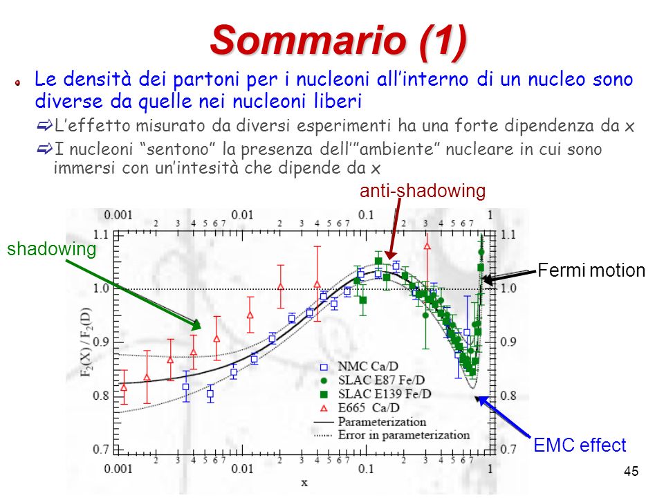 Sommario (1) Le densità dei partoni per i nucleoni all’interno di un nucleo sono diverse da quelle nei nucleoni liberi.