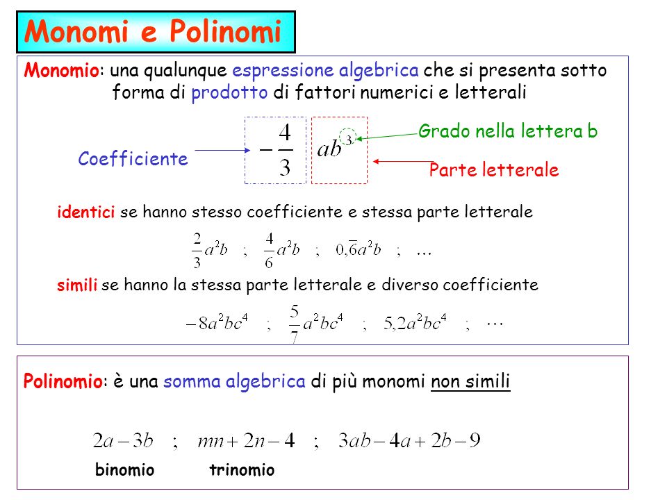 Monomi e Polinomi Monomio: una qualunque espressione algebrica che si presenta sotto forma di prodotto di fattori numerici e letterali.