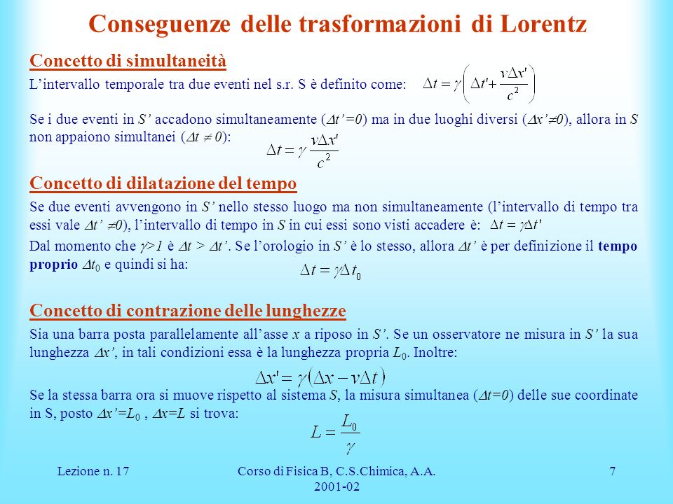 Conseguenze delle trasformazioni di Lorentz