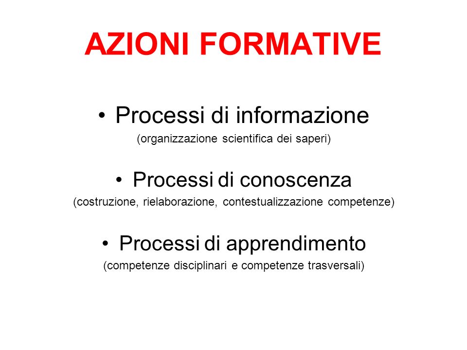 AZIONI FORMATIVE Processi di informazione Processi di conoscenza