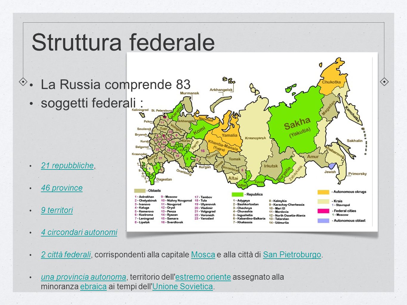Struttura federale La Russia comprende 83 soggetti federali :