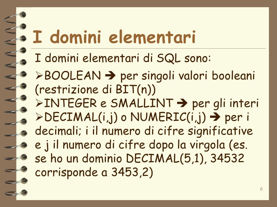 I domini elementari I domini elementari di SQL sono: