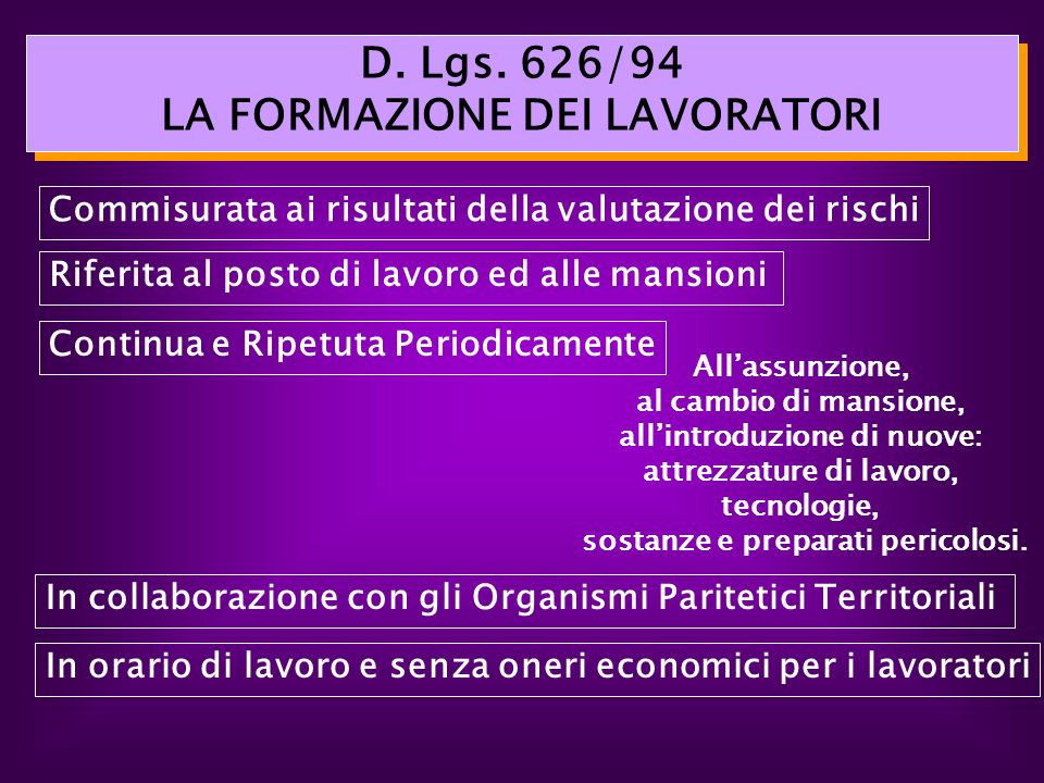 D. Lgs. 626/94 LA FORMAZIONE DEI LAVORATORI