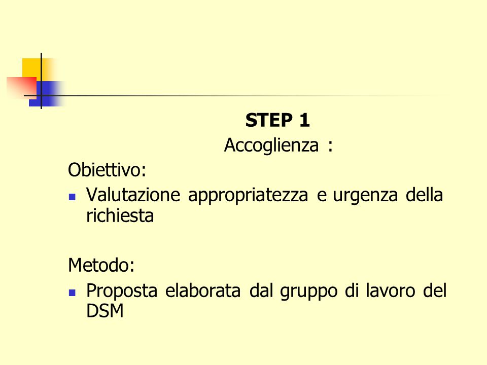 STEP 1 Accoglienza : Obiettivo: Valutazione appropriatezza e urgenza della richiesta.