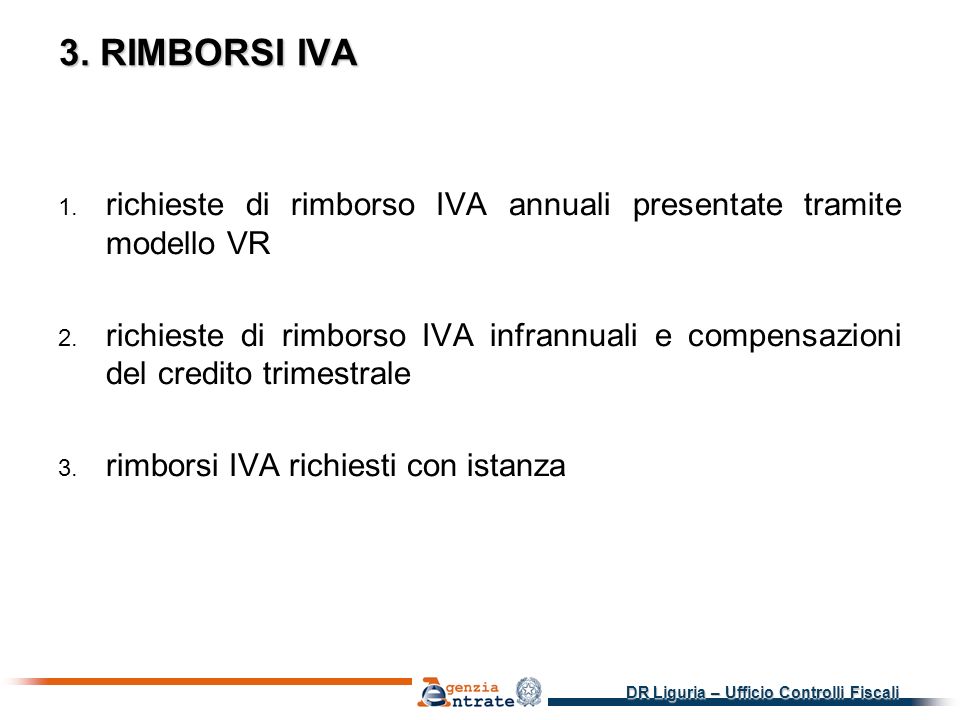 3. RIMBORSI IVA richieste di rimborso IVA annuali presentate tramite modello VR.