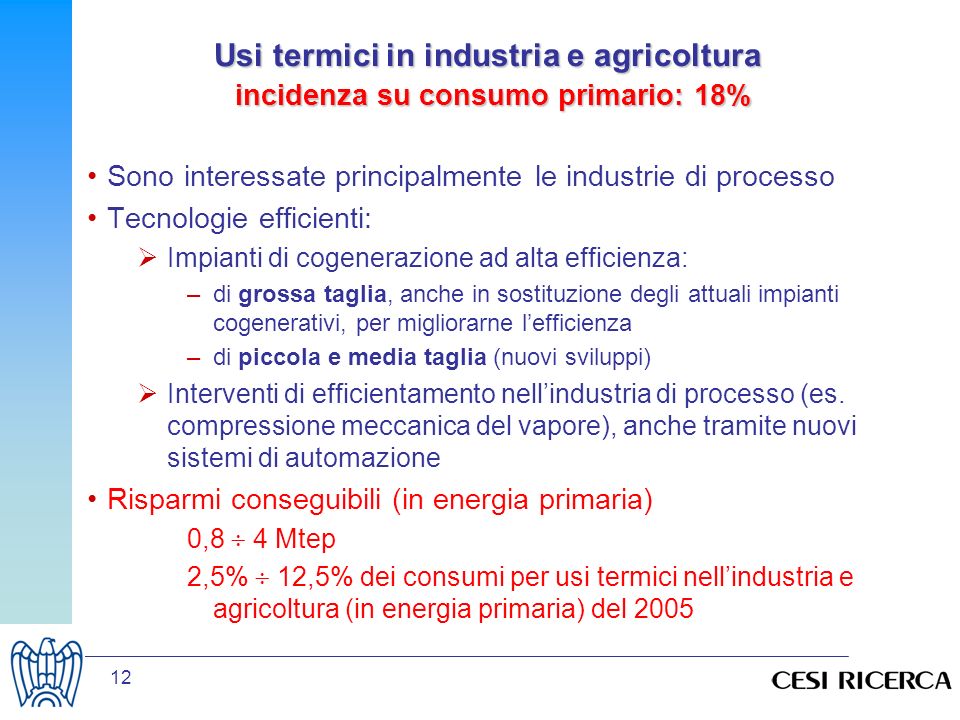 Usi termici in industria e agricoltura incidenza su consumo primario: 18%