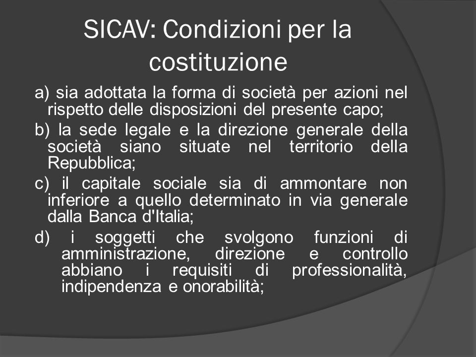 SICAV: Condizioni per la costituzione