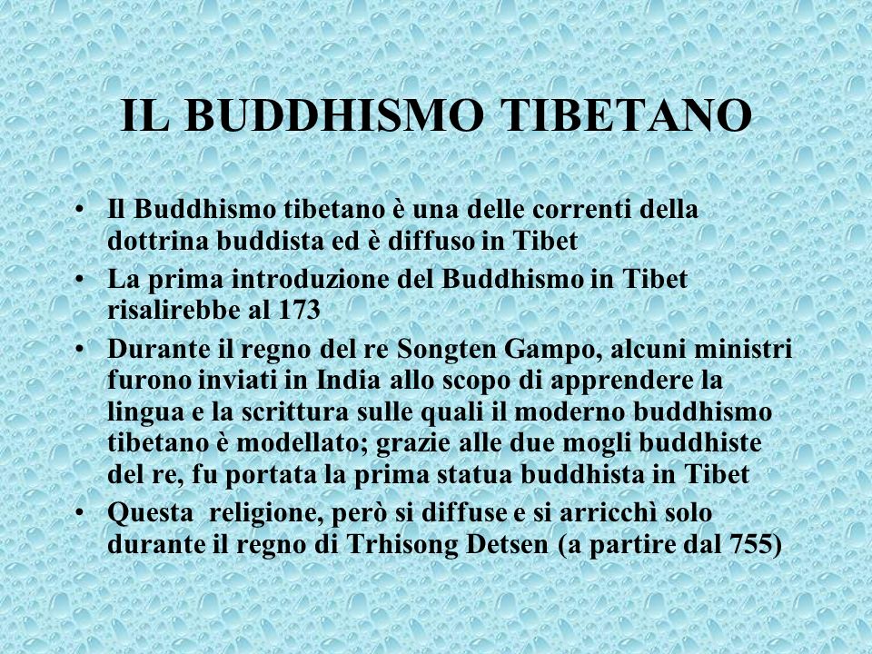 IL BUDDHISMO TIBETANO Il Buddhismo tibetano è una delle correnti della dottrina buddista ed è diffuso in Tibet.