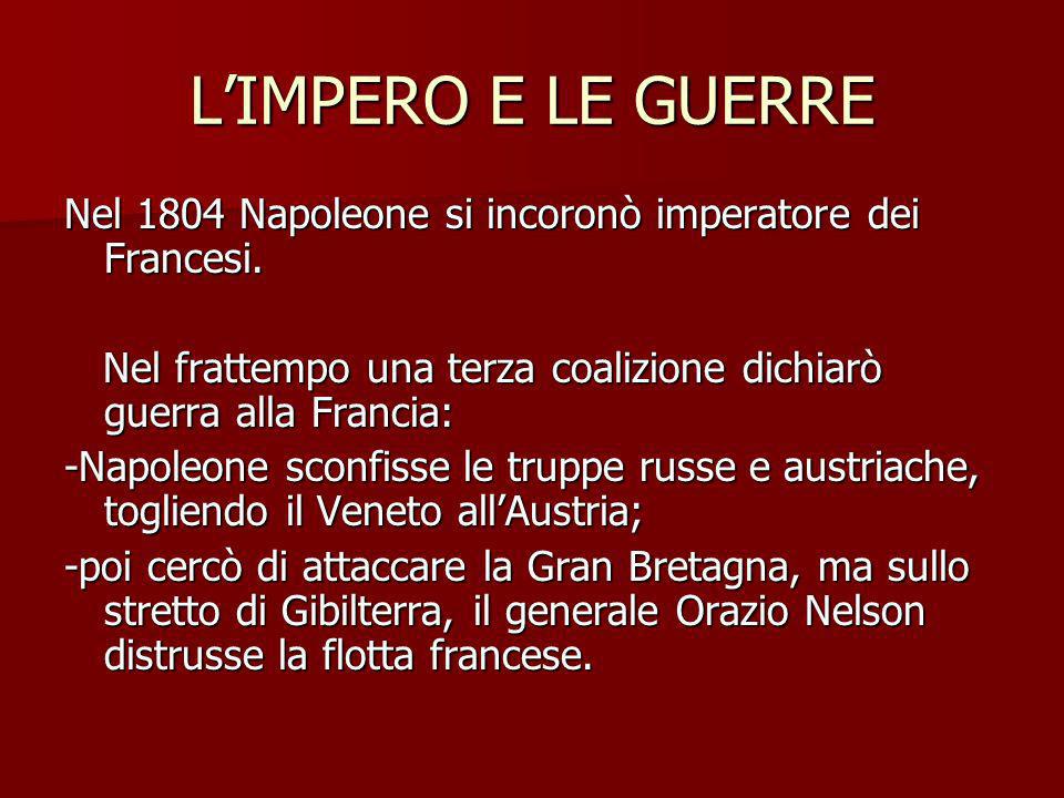 L’IMPERO E LE GUERRE Nel 1804 Napoleone si incoronò imperatore dei Francesi. Nel frattempo una terza coalizione dichiarò guerra alla Francia: