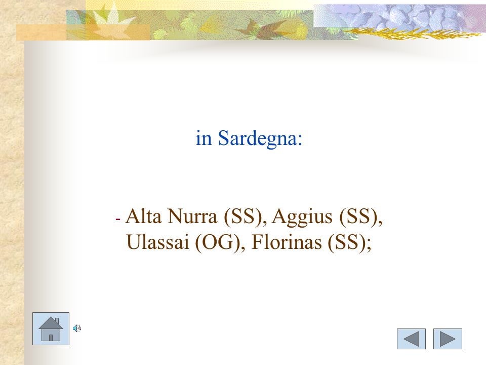 Alta Nurra (SS), Aggius (SS), Ulassai (OG), Florinas (SS);