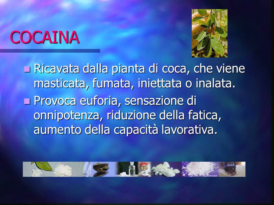COCAINA Ricavata dalla pianta di coca, che viene masticata, fumata, iniettata o inalata.