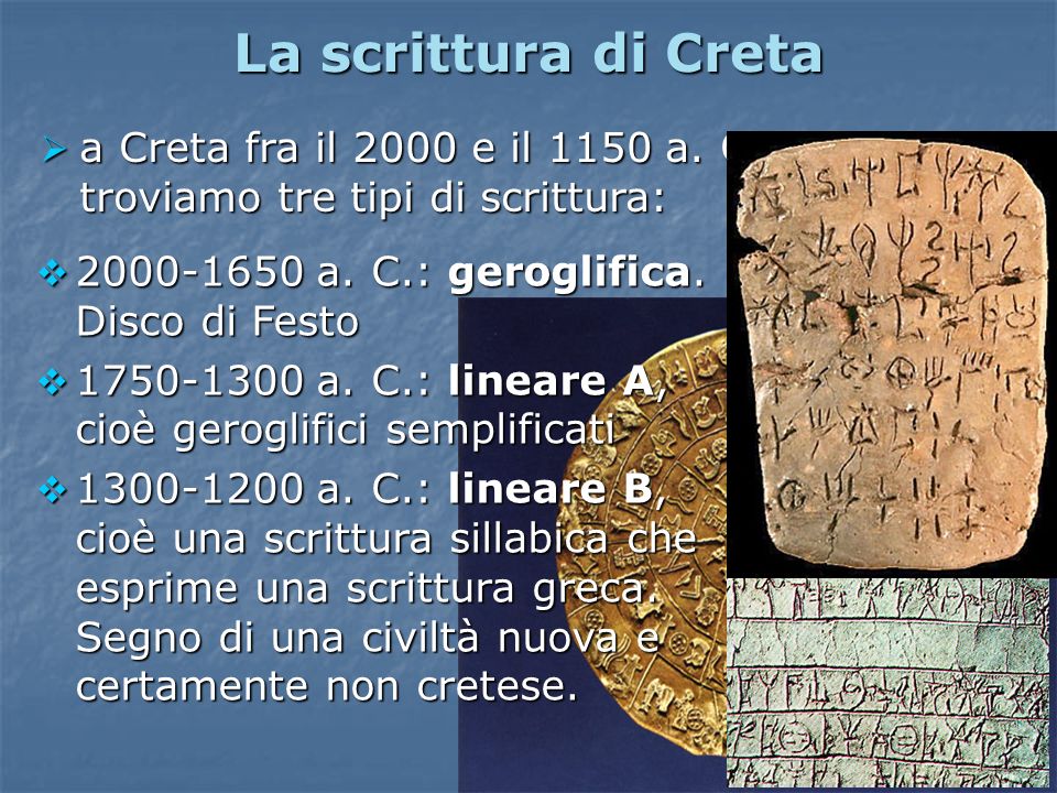 La scrittura di Creta a Creta fra il 2000 e il 1150 a. C. troviamo tre tipi di scrittura: a. C.: geroglifica. Disco di Festo.