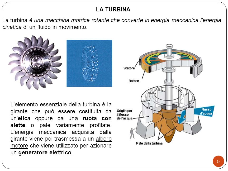 LA TURBINA La turbina è una macchina motrice rotante che converte in energia meccanica l energia cinetica di un fluido in movimento.