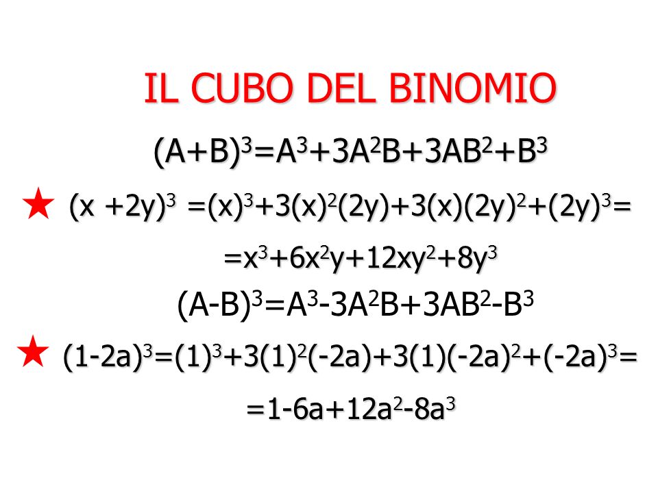 IL CUBO DEL BINOMIO (A+B)3=A3+3A2B+3AB2+B3 (A-B)3=A3-3A2B+3AB2-B3