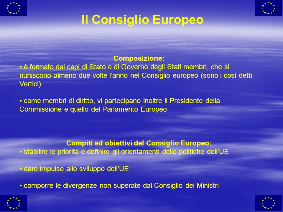 Compiti ed obiettivi del Consiglio Europeo: