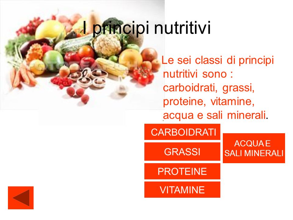 I principi nutritivi Le sei classi di principi nutritivi sono : carboidrati, grassi, proteine, vitamine, acqua e sali minerali.