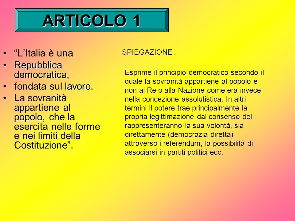ARTICOLO 1 L’Italia è una Repubblica democratica, fondata sul lavoro.
