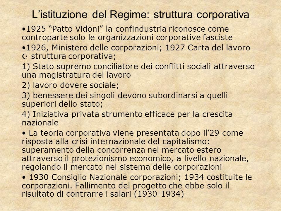 L’istituzione del Regime: struttura corporativa