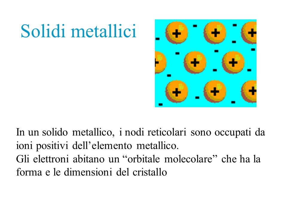Solidi metallici In un solido metallico, i nodi reticolari sono occupati da ioni positivi dell’elemento metallico.