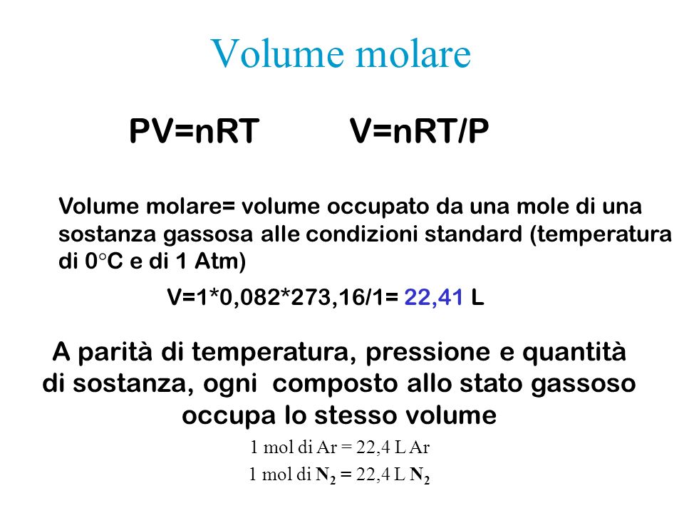 Volume molare PV=nRT V=nRT/P