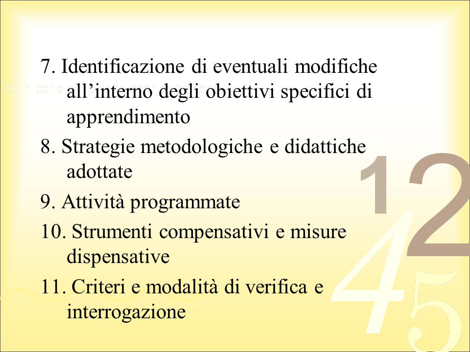 7. Identificazione di eventuali modifiche all’interno degli obiettivi specifici di apprendimento 8.
