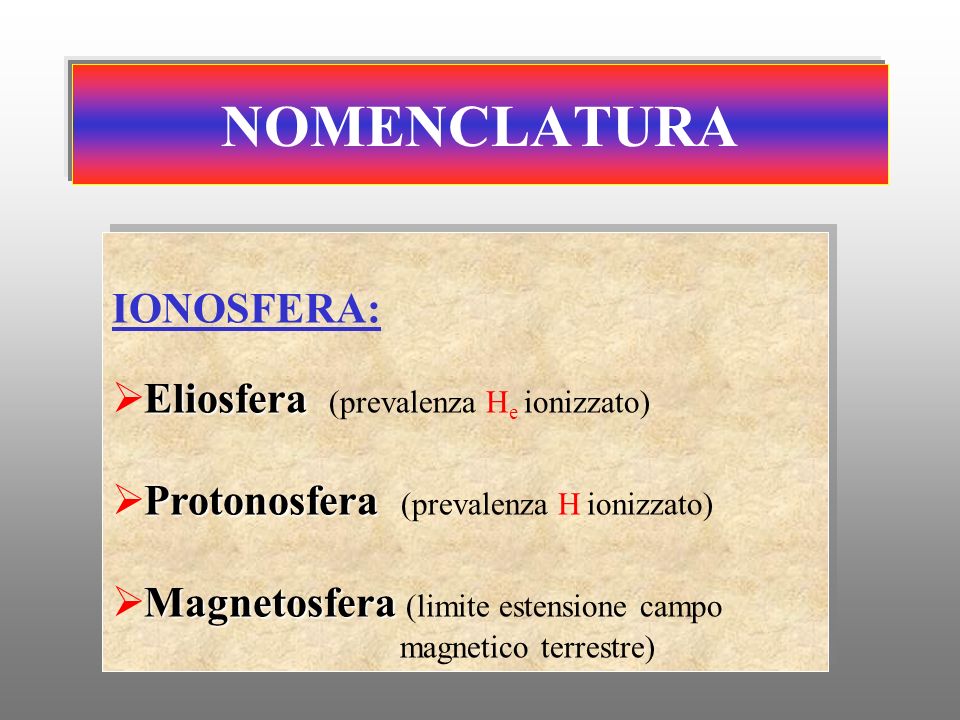 NOMENCLATURA IONOSFERA: Eliosfera (prevalenza He ionizzato)