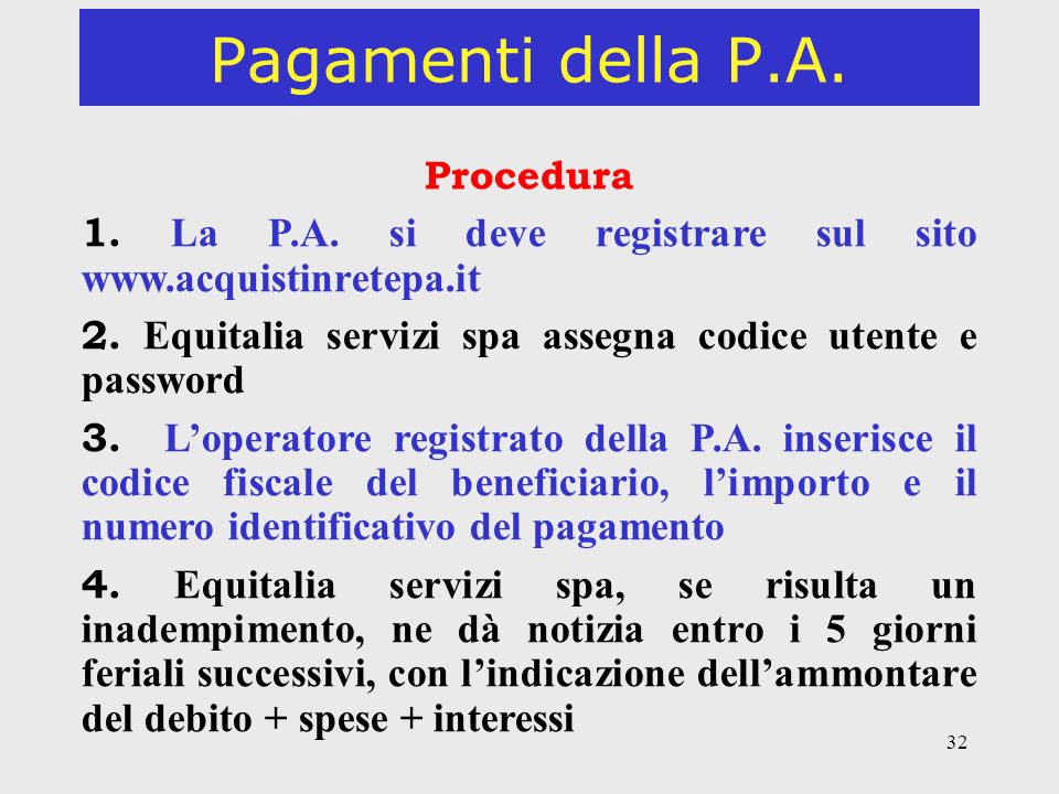 Pagamenti della P.A. Procedura. 1. La P.A. si deve registrare sul sito